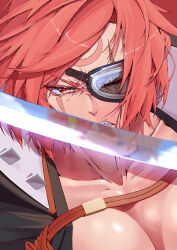  baiken big_hair breasts cleavage close-up eyepatch facial_tattoo female guilty_gear guilty_gear_strive highres japanese_clothes katana kimono large_breasts long_hair one-eyed open_clothes open_kimono pink_hair ponytail red_eyes samurai scar scar_across_eye scar_on_face solo strail_cycleman sword tattoo weapon 