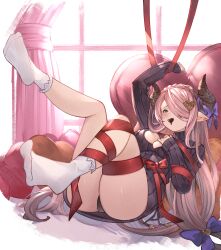  ayacho bed_sheet blue_eyes braid breasts candy chocolate commission demon_horns draph female food granblue_fantasy hair_over_one_eye heart heart-shaped_chocolate heart-shaped_pillow highres horns indoors large_breasts leg_wrap long_hair looking_at_viewer lying mouth_hold narmaya_(granblue_fantasy) on_bed panties pillow pointy_ears red_ribbon ribbon single_braid skeb_commission sleeveless socks solo sweater underwear white_socks 