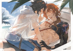  2boys bara beach belt bishounen black_hair blue_shorts brown_hair granblue_fantasy highres lancelot_(granblue_fantasy) long_hair luminous_slime male_focus multiple_boys muscular muscular_male outdoors palm_tree pectoral_grab ponytail scar see-through shorts siegfried_(granblue_fantasy) straddling tree yaoi 