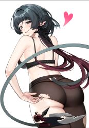  absurdres ass ass_focus black_pantyhose black_thighhighs blunt_bangs blush closed_mouth cowboy_shot female from_behind green_eyes green_hair heart highres jane_doe_(zenless_zone_zero) long_hair looking_at_viewer looking_back multicolored_hair pantyhose red_hair sidelocks simple_background single_thighhigh smile solo tail thighhighs thighs torn_clothes torn_pantyhose torn_thighhighs two-tone_hair white_background yakool zenless_zone_zero 