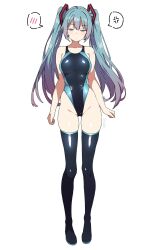  anger_vein aqua_eyes aqua_hair batta_16-sei black_one-piece_swimsuit black_thighhighs breasts collarbone commentary female full_body half-closed_eyes hatsune_miku highleg highleg_one-piece_swimsuit highres looking_at_viewer one-piece_swimsuit small_breasts solo speech_bubble spoken_anger_vein spoken_blush swimsuit thighhighs twintails two-tone_swimsuit vocaloid 