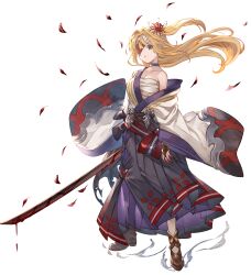  ayacho bandage_over_one_eye bandages blonde_hair blood blood_on_bandages blood_on_weapon blue_choker blue_eyes breasts chest_sarashi choker cleavage commission falling_petals female floating_hair flower full_body granblue_fantasy hair_flower hair_ornament highres holding holding_sword holding_weapon japanese_clothes long_hair mirin_(granblue_fantasy) parted_lips petals red_flower sarashi single_bare_shoulder skeb_commission solo spider_lily sword weapon wide_sleeves 