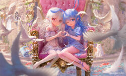  2girls animal_ears armchair ayaxno barefoot bird blue_cat blue_dress blue_eyes blue_hair bow braid buttons chair chinese_commentary commentary_request dress dress_bow feathers feline grey_hair hair_between_eyes heart heart_hands heart_hands_duo highres holding_hands lolicon multiple_girls no_shoes one_eye_closed original pantyhose pointy_ears rabbit_ears red_bow red_eyes ribbon scenery short_sleeves toes white_bird white_cat white_dress white_hair white_pantyhose wrist_ribbon 