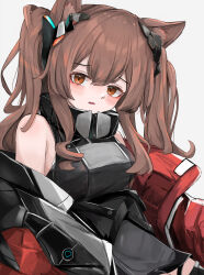  angelina_(arknights) angelina_(endfield)_(arknights) animal_ears arknights arknights:_endfield bare_shoulders belt blush breasts brown_hair dot_nose dress female fox_ears fox_girl grey_dress hair_between_eyes headpiece high_belt high_collar highres jacket kari90909 long_sleeves looking_at_viewer medium_breasts off_shoulder open_clothes open_jacket open_mouth orange_eyes red_jacket shirt solo twintails upper_body wavy_mouth white_background 