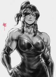  absurdres avatar_legends az_ciam black_dress breasts choker cleavage dress elbow_gloves gloves greyscale hand_on_own_hip highres korra large_breasts long_hair monochrome muscular muscular_female ponytail signature smile the_legend_of_korra 