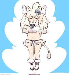  animal_ears arms_up blue_background blue_ribbon boots bow bowtie coroha extra_ears female full_body gloves grey_hair jumping kemono_friends lion_ears lion_girl lion_tail long_hair navel ribbon shirt simple_background skirt solo tail white_lion_(kemono_friends) 