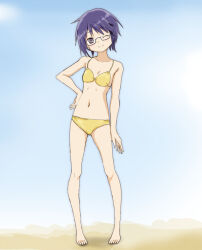  barefoot bikini blue_hair breasts commentary_request female glasses grey_eyes hand_on_own_hip hidamari_sketch kinfuji navel one_eye_closed sae_(hidamari_sketch) short_hair small_breasts smile solo swimsuit yellow_bikini 