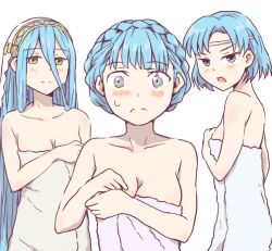  3girls azura_(fire_emblem) blue_hair blush breasts embarrassed fire_emblem fire_emblem:_the_binding_blade fire_emblem:_three_houses fire_emblem_fates grey_eyes headband kuhuku006f86 large_breasts long_hair looking_at_viewer marianne_von_edmund multiple_girls naked_towel open_mouth short_hair thea_(fire_emblem) towel white_headband wide-eyed yellow_eyes 