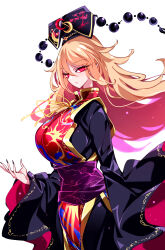  absurdres belt black_dress black_hat black_nails breasts chinese_clothes closed_mouth crescent crescent_hat_ornament dalachi_(headdress) dress female fingernails floral_print gem hair_between_eyes hand_up hat hat_ornament highres junko_(touhou) large_breasts long_fingernails long_hair long_sleeves looking_at_viewer mandarin_collar nail_polish neck_ribbon orange_hair phoenix_print pointy_ears pom_pom_(clothes) purple_belt raptor7 red_eyes red_gemstone red_tabard ribbon simple_background solo standing tabard tassel touhou white_background wide_sleeves yellow_ribbon 