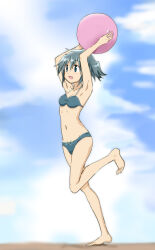  arms_up ball barefoot bikini blue_sky cloud female full_body green_bikini green_eyes green_hair hidamari_sketch kinfuji navel nori_(hidamari_sketch) running short_hair sky solo swimsuit 