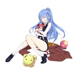  asymmetrical_legwear black_footwear black_vest blue_hair breasts brown_jacket closed_eyes female frederica_nikola_tesla full_body hair_ornament hairclip holding holding_stuffed_toy honkai_(series) honkai_impact_3rd hugging_object jacket long_hair nancy_thomas_alva_edison official_art open_mouth pink_eyes red_hair robot shirt shoes socks solo stuffed_toy third-party_source transparent_background uneven_legwear unworn_jacket vest white_shirt white_socks 