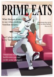  absurd_res anthro apron apron_only blue_eyes cake chest_tuft clothing cover dessert diner english_text food fur hi_res looking_at_viewer magazine_cover male markings restaurant solo spots spotted_body spotted_fur text the_nature_of_predators thelonearch tuft venlil_(the_nature_of_predators) 