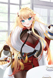  absurdres azur_lane basket blonde_hair blue_eyes bodystocking breasts brown_gloves cleavage female gloves gold_trim gradient_hair highres holding holding_basket holding_kettle howe_(azur_lane) indoors jacket large_breasts looking_at_viewer maltese_cross medal miniskirt multicolored_hair open_mouth orange_hair red_jacket red_skirt round_table see-through see-through_cleavage skirt solo table tea_set thigh_strap tsuri_pi window 