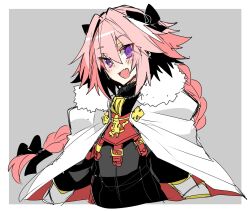  1boy astolfo_(fate) black_bow black_sweater blush bow braid cape cropped_torso fate/apocrypha fate_(series) fur-trimmed_cape fur_trim gauntlets gorget grey_background hair_between_eyes hairbow haoro long_braid long_hair male_focus multicolored_hair oerba_yun_fang open_mouth otoko_no_ko pink_hair purple_eyes single_braid skin_fang solo streaked_hair sweater two-sided_cape two-sided_fabric two-tone_hair white_cape white_hair 