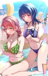  2girls absurdres applying_sunscreen aqua_eyes arms_under_breasts asaka_karin ass beach beach_towel bikini blue_bikini blue_eyes blue_hair blue_sky blush bracelet breasts brown_hair cleavage commentary_request dark_blue_hair drill_hair e_atkenedm emma_verde flower flower_bracelet green_bikini hair_flower hair_ornament highres jewelry large_breasts light_brown_hair long_hair lotion love_live! love_live!_nijigasaki_high_school_idol_club medium_hair multiple_girls navel necklace outdoors shorts sitting sky sunglasses sunlight sunscreen sweat swim_ring swimsuit towel twin_drills unworn_eyewear 