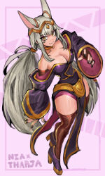  absurdres alternate_costume alternate_hair_length alternate_hairstyle bare_shoulders breasts cat_girl cleavage crossover english_text female fire_emblem fire_emblem_awakening fusion high_heels highres long_hair long_sleeves looking_at_viewer medium_breasts nail_polish nia_(xenoblade) nintendo saiykik smile solo tharja_(fire_emblem) thighhighs thighs twintails white_hair xenoblade_chronicles_(series) xenoblade_chronicles_2 yellow_eyes 