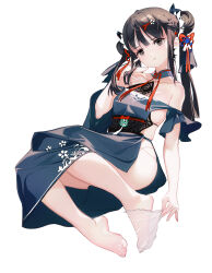  absurdres bare_shoulders barefoot blue_dress braid breasts brown_hair closed_mouth collarbone double_bun dress eyelashes feet female foot_focus full_body grandia_lee grey_eyes hair_bun hair_ornament hand_up hands_on_feet head_tilt highres knees_together_feet_apart legs long_hair looking_at_viewer medium_breasts no_shoes off-shoulder_dress off_shoulder original see-through see-through_legwear shiny_skin sideless_outfit simple_background single_sock skindentation socks solo tassel thighs toenails toes twintails white_background 