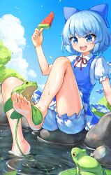  :d absurdres bloomers blue_bow blue_dress blue_eyes blue_hair blue_sky blush bow bush cirno cloud cloudy_sky collared_shirt commentary_request dress female food frog fruit hairbow highres lake open_mouth outdoors pinafore_dress popsicle puffy_short_sleeves puffy_sleeves red_ribbon ribbon rock shirt short_dress short_hair short_sleeves sky sleeveless sleeveless_dress smile soaking_feet soles solo ssalyun toes touhou tree v-shaped_eyebrows watermelon watermelon_bar watermelon_slice wet white_bloomers 