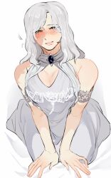  bare_shoulders blush dark_souls_(series) dark_souls_i dark_sun_gwyndolin dress female genderswap_(mtf) grey_dress grey_hair highres long_hair no_headwear rule_63 seiza shiny_skin simple_background sitting smile solo teeth white_background zunkome 