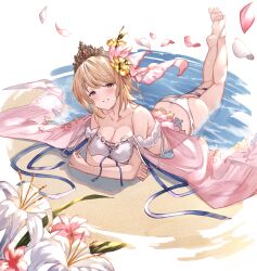  ayacho beach bikini blonde_hair blush breasts cleavage collarbone commentary_request commission crossed_arms europa_(granblue_fantasy) europa_(summer)_(granblue_fantasy) falling_petals female flower granblue_fantasy hair_flower hair_ornament highres large_breasts looking_at_viewer lying lying_on_water official_alternate_costume on_stomach parted_lips petals pink_flower short_hair skeb_commission solo swimsuit the_pose tiara white_bikini white_flower yellow_flower 