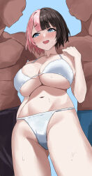  2boys ass_visible_through_thighs bare_shoulders bikini black_pants blue_background blue_eyes blue_pants blush breasts brown_hair collarbone faceless faceless_male female from_below higashiwun_izumi highres huge_breasts medium_hair multicolored_hair multiple_boys navel nervous open_mouth pants pectorals pink_hair smile solo_focus split-color_hair stomach sweat swimsuit tachibana_hinano_(vtuber) thighs two-tone_hair underboob virtual_youtuber vspo! white_bikini 