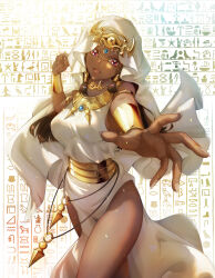  absurdres bare_shoulders breasts bright_pupils brown_hair chinese_commentary curled_fingers dark-skinned_female dark_skin dot_nose dress duel_monster egyptian eye_of_horus female gold_armlet hair_tubes hand_up hieroglyphics highres isis_ishtar jewelry long_hair looking_at_viewer lower_teeth_only medium_breasts millennium_necklace open_mouth red_eyes shadow solo sparkle teeth thighs tostarin white_dress yu-gi-oh! yu-gi-oh!_duel_monsters 