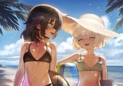  2girls bag ball beach beachball bikini bird black_bikini black_hair blonde_hair blue_eyes blunt_bangs blush breasts closed_eyes collarbone commentary english_commentary green_bikini hepari highres holding holding_bag holding_ball holding_beachball holding_swim_ring kuroki_tomoko multiple_girls open_mouth outdoors palms petite short_hair small_breasts straight-on sunlight swim_ring swimsuit teeth uchi_emiri upper_body upper_teeth_only watashi_ga_motenai_no_wa_dou_kangaetemo_omaera_ga_warui! white_bird 