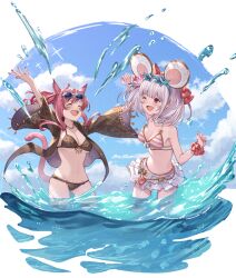  2girls :d animal_ears arm_up arms_up ayacho bikini bikini_skirt blue-framed_eyewear blush breasts brown_bikini brown_jacket cat_ears cat_tail cloud commission cowboy_shot crossover day eyewear_on_head facial_mark fake_animal_ears final_fantasy final_fantasy_xiv granblue_fantasy grey-framed_eyewear grey_hair highres jacket medium_breasts miqo&#039;te mouse_ears multiple_girls navel one_eye_closed open_clothes open_jacket open_mouth outdoors pink_hair red_eyes red_scrunchie scrunchie skeb_commission sky small_breasts smile star-shaped_eyewear star_(symbol) striped_bikini striped_clothes sunglasses swimsuit tail vikala_(granblue_fantasy) wading warrior_of_light_(ff14) water water_drop whisker_markings wrist_scrunchie 