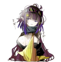  arknights bandeau black_bandeau black_hair black_scarf blue_eyes blue_hair breasts cleavage colored_tips detached_sleeves dress eunectes_(arknights) female flower goggles goggles_on_head hair_flower hair_ornament medium_hair messy_hair multicolored_hair open_mouth pointy_ears scarf taiiiyakiii translated yellow_dress 