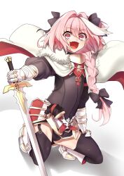  1boy absurdres armored_skirt astolfo_(fate) black_bow black_garter_straps black_panties black_sweater black_thighhighs boots bow braid bugle cape covered_navel fate/apocrypha fate_(series) full_body fur-trimmed_cape fur_trim garter_straps gauntlets hair_between_eyes hair_intakes hairbow hand_on_own_thigh highres holding holding_sword holding_weapon horn_(instrument) instrument kneeling long_braid long_hair male_focus multicolored_hair oerba_yun_fang open_mouth otoko_no_ko panties pink_eyes pink_hair purple_eyes riding_boots single_braid skin_fang smile solo streaked_hair sweater sword thighhighs two-sided_cape two-sided_fabric two-tone_hair underwear weapon white_background white_cape white_footwear white_hair yamany 