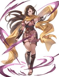  arm_blade ayacho breasts brown_hair cleavage closed_mouth commission female fire_emblem fire_emblem_fates full_body hair_over_one_eye hair_spread_out highres holding holding_sword holding_weapon japanese_clothes kagero_(fire_emblem) knee_up large_breasts long_hair looking_at_viewer ninja red_eyes sandals scarf skeb_commission solo sword very_long_hair weapon yellow_scarf 