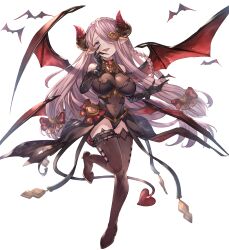  alternate_costume asymmetrical_gloves ayacho bat_(animal) bat_wings blue_eyes boots braid breasts commission covered_navel draph female full_body gloves granblue_fantasy hair_over_one_eye highres horns large_breasts long_hair looking_at_viewer narmaya_(granblue_fantasy) pointy_ears purple_hair single_braid skeb_commission solo thigh_boots thighhighs uneven_gloves wings 