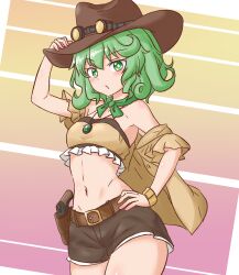  alternate_costume black_shorts bright_pupils brown_hat brown_jacket closed_mouth commentary_request commission cowboy_hat cowboy_shot cowboy_western crop_top eyewear_on_headwear female gradient_background green_eyes green_hair gun hand_on_headwear hat highres jacket looking_at_viewer midriff mizusoba multicolored_background navel short_hair shorts skeb_commission solo standing touhou weapon white_pupils yamashiro_takane 