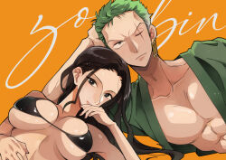  1boy bikini black_bikini black_hair blue_eyes breasts closed_mouth commentary_request earrings female green_hair green_kimono japanese_clothes jewelry kimono large_breasts looking_at_viewer nico_robin nymrmc one_piece orange_background roronoa_zoro scar scar_across_eye sidelocks simple_background swimsuit underboob v-shaped_eyebrows 