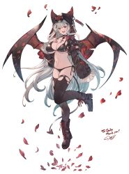  :d absurdres ayacho bikini black_bikini black_footwear black_thighhighs blush boots breasts cleavage commentary commission cross cross-laced_footwear cross_necklace demon_tail demon_wings falling_petals female full_body grey_hair hand_on_own_chest highres jewelry large_breasts leg_up long_hair looking_at_viewer navel necklace open_mouth original petals red_eyes red_petals shoelaces side-tie_bikini_bottom sleeves_past_fingers sleeves_past_wrists smile solo swimsuit tail teeth thank_you thighhighs upper_teeth_only very_long_hair wings 