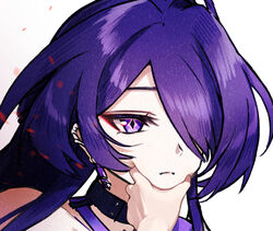  1other acheron_(honkai:_star_rail) black_choker choker commentary earrings female grabbing hair_over_one_eye highres honkai:_star_rail honkai_(series) jewelry konaka_(usagi_draw) long_hair meme nejime portrait pov_cheek_grabbing_(meme) purple_eyes purple_hair single_bare_shoulder 