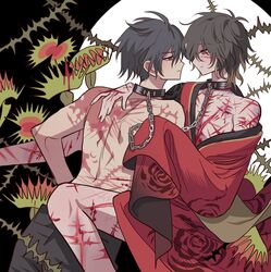  2boys bad_id bad_pixiv_id black_collar black_hair bleeding blonde_hair blood brown_hair bruise bruised_chest burn_scar chains character_request check_character closed_mouth collar eye_contact face-to-face floral_print_kimono hand_on_another&#039;s_back highres ikuina_takashi injury japanese_clothes kimono long_sleeves looking_at_another loose_clothes loose_kimono male_focus meremero multicolored_hair multiple_boys plant profile red_kimono scar scar_on_back scar_on_face scar_on_leg short_hair slow_damage smile topless_male towa_(slow_damage) venus_flytrap wide_sleeves yaoi yellow_eyes 