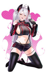  :d absurdres antenna_hair azur_lane black_footwear black_panties black_shirt black_shorts boots bow bowtie breasts burning_lettuce commentary_request crop_top female full_body hair_between_eyes headgear high_heel_boots high_heels highleg highleg_panties highres holding holding_microphone idol idol_clothes kneeling large_breasts long_hair long_sleeves looking_at_viewer microphone midriff mole mole_on_breast multicolored_hair navel official_alternate_costume open_mouth panties plaid plaid_bow plaid_bowtie prinz_eugen_(azur_lane) prinz_eugen_(muse)_(azur_lane) red_hair ribbon shirt short_shorts shorts shrug_(clothing) sideboob sideboob_cutout sidelocks simple_background skindentation smile solo streaked_hair swept_bangs taut_clothes taut_shirt teeth thigh_boots thigh_strap two_side_up underwear upper_teeth_only very_long_hair white_background white_hair 