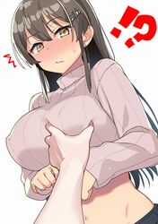  1other alternate_breast_size arm_focus black_hair blush breasts female grabbing grabbing_another&#039;s_breast hair_ornament hairclip highres kantai_collection large_breasts long_hair looking_at_viewer meme nejime oyashio_(kancolle) pov pov_cheek_grabbing_(meme) pov_hands simple_background solo_focus sweater taketora_suzume turtleneck turtleneck_sweater white_background 