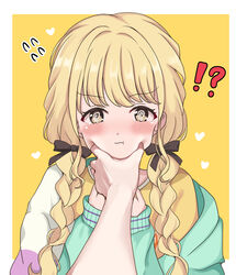  !? 1boy :t @_@ absurdres blonde_hair blush braid female flying_sweatdrops fujita_kotone gakuen_idolmaster hair_ribbon heart highres idolmaster jacket jing_(dootaku) long_hair looking_at_viewer meme multicolored_clothes multicolored_jacket nejime pov pov_cheek_grabbing_(meme) pov_hands ribbon simple_background twin_braids two-tone_background upper_body yellow_background 