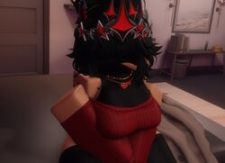  1girls 3d big_breasts black_hair black_thighhighs crown earrings female female_focus female_only hands_in_lap headless light-skinned_female looking_at_viewer necklace niki_okarin roblox roblox_avatar robloxian shoulderless_shirt shoulders solo thick_thighs thighhighs thighs valkyrie_helm 