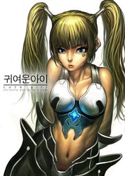  1girls 2d 2d_artwork armor background belly_button black_text blonde_hair blue_eyes breasts chrisnfy85 color cute deviantart_url digital_art digital_drawing digital_media digital_painting english english_text eyelashes eyes female female_only hair hands_behind_back heart korean_text lips looking_at_viewer navel nose original pubic_hair simple_background solo straight_hair tattoo text tied_hair translation_request twintails url white_background 