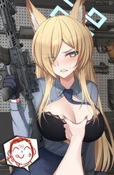  1boy animal_ear_fluff animal_ears assault_rifle benelli_m4 black_bra black_gloves blue_archive blue_eyes blue_halo blue_necktie blue_shirt blush bra breasts collared_shirt commentary deep_skin dog_ears dog_girl doodle_sensei_(blue_archive) eyes_visible_through_hair female gloves grabbing grabbing_another&#039;s_breast groping gun h&amp;k_psg1 hair_over_one_eye halo highres holding holding_gun holding_weapon kanna_(blue_archive) lace-trimmed_bra lace_trim long_hair magazine_(weapon) meme mikhail_n necktie nejime open_clothes open_shirt pegboard pencil_skirt pov_cheek_grabbing_(meme) rifle scope scowl sensei_(blue_archive) sharp_teeth shirt shotgun sig_mcx skirt sniper_rifle speech_bubble symbol-only_commentary teeth tongue tongue_out unbuttoned underwear very_long_hair weapon 