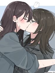  2girls anger_vein bang_dream! bang_dream!_it&#039;s_mygo!!!!! black_choker black_hair black_hoodie blue_background blush brown_hair choker closed_eyes commentary french_kiss green_eyes highres hood hood_down hoodie kiss_day kissing letterboxed long_hair looking_at_another medium_hair multiple_girls nanami_(nunnun_0410) outside_border shiina_taki sidelocks twitter_username yahata_umiri yuri 