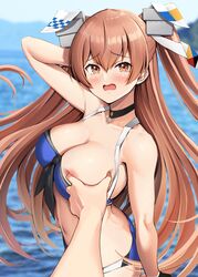  1other arm_behind_head bikini black_gloves blue_bikini blue_sky blush breasts brown_eyes choker cleavage collarbone cowboy_shot day embarrassed female gloves grabbing grabbing_another&#039;s_breast hair_ornament hair_ribbon highres ichikawa_feesu johnston_(kancolle) johnston_kai_(swimsuit_mode)_(kancolle) kantai_collection large_breasts light_brown_hair long_hair looking_at_viewer meme navel nejime ocean official_alternate_costume open_mouth outdoors pov_cheek_grabbing_(meme) ribbon sand single_glove sky solo_focus swimsuit two_side_up water 