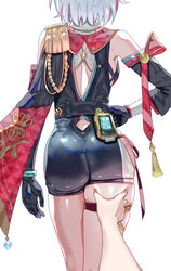  1other ass black_gloves breasts capelet clenched_hand clothing_cutout commentary epaulettes facing_away female from_behind gloves hand_on_own_hip highres honkai:_star_rail honkai_(series) meme multicolored_hair nejime pov pov_cheek_grabbing_(meme) pov_hands red_capelet short_hair single_epaulette solo_focus streaked_hair symbol-only_commentary tassel thigh_grab thigh_strap thighs topaz_(honkai:_star_rail) uenoryoma white_hair 