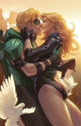  1boy armor beard bird black_canary black_gloves black_jacket black_leotard blonde_hair closed_eyes dc_comics domino_mask dove ejikure facial_hair female fingerless_gloves fishnet_pantyhose fishnets from_side gloves green_armor green_arrow green_arrow_(series) green_gloves green_mask highres imminent_kiss jacket leotard long_hair mask moustache oliver_queen open_clothes open_jacket outdoors pantyhose pauldrons short_hair shoulder_armor sunset two-tone_gloves white_bird 