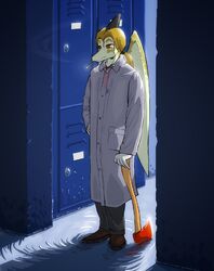  2024 american_psycho anthro axe blonde_hair cavemanon_studios cigarette clothing coat detailed_background digital_drawing_(artwork) digital_media_(artwork) dinosaur extinct fingers hair head_crest hi_res i_wani_hug_that_gator iadakan inside kaprakaz locker_room male pale_body pale_scales patrick_bateman prehistoric_species pterodactylus pterosaur red_eyes reptile scalie smoking smoking_cigarette solo topwear water wings 