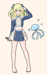  barefoot blonde_hair blue_bow blue_eyes blue_shirt bow brown_background clothing_cutout collarbone commentary female full_body green_hair hair_between_eyes hairbow hand_up highres holding holding_microphone idol idol_clothes jellyfish long_hair long_sleeves looking_at_viewer maissiri microphone midriff multicolored_hair navel no_shoes open_mouth shirt shoulder_cutout simple_background solo streaked_hair two_side_up yamanouchi_kano yoru_no_kurage_wa_oyogenai zettai_ryouiki 