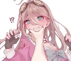  !? antenna_hair blonde_hair bow bowtie breasts brown_gloves cleavage danganronpa_(series) danganronpa_v3:_killing_harmony female fingerless_gloves gloves goggles goggles_on_head grey_eyes hair_between_eyes hand_on_another&#039;s_chin hands_up iruma_miu large_breasts long_hair meme nejime pink_bow pink_bowtie pink_shirt pov_cheek_grabbing_(meme) rize_(rize0420) sailor_collar shirt simple_background solo_focus upper_body white_background 